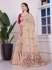 Shailja Oat Beige Muga Cotton Jamdani Saree With Contrast Blouse